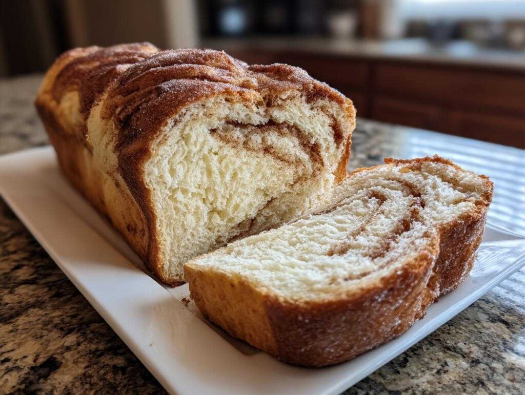 A close-up of a freshly baked cinnamon sugar bread loaf with one slice cut.