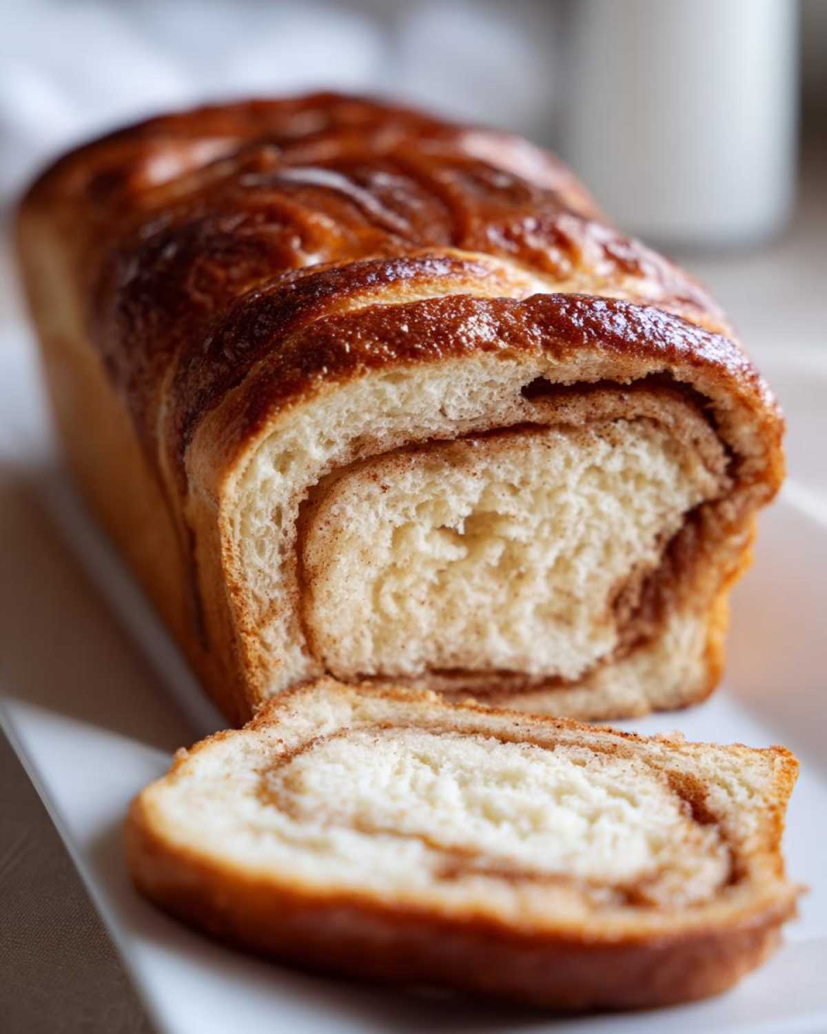 Close-up of a freshly baked cinnamon sugar bread loaf with a slice cut, showing the swirled cinnamon filling.