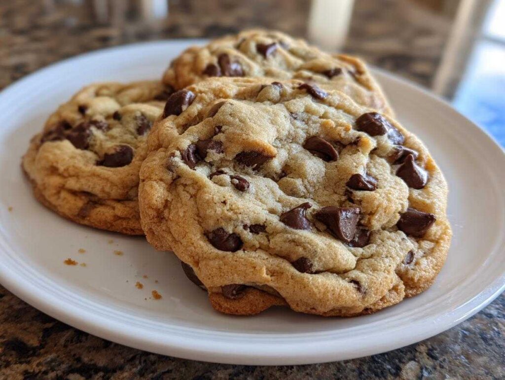 Three delicious classic chocolate chip cookies piled on a white plate, with visible chocolate chips.