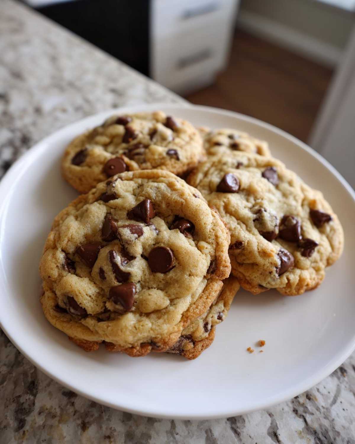 A plate of warm, freshly baked classic chocolate chip cookies loaded with chocolate chips.