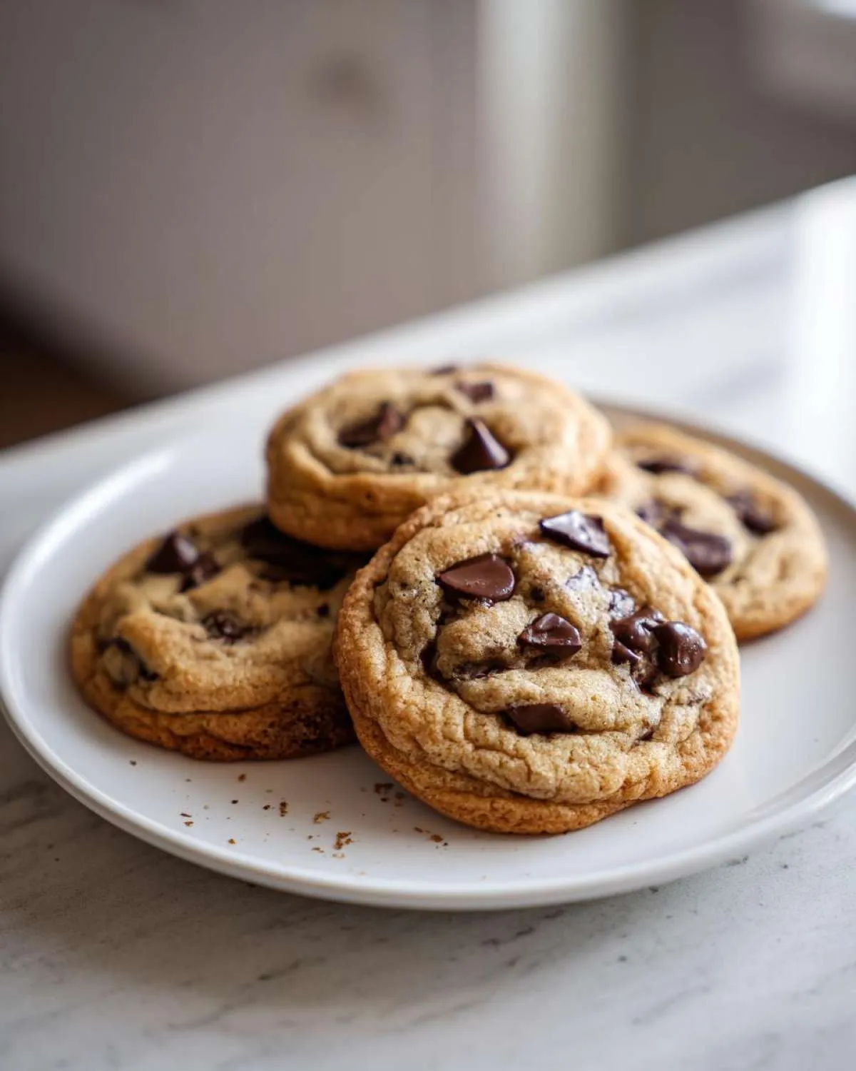 A close-up of four delicious classic chocolate chip cookies piled on a white plate.