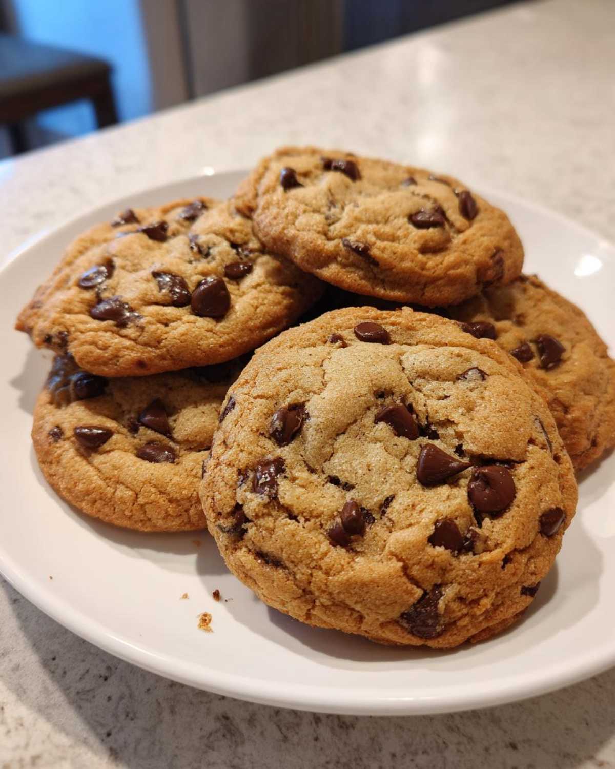 A stack of freshly baked classic chocolate chip cookies on a white plate.