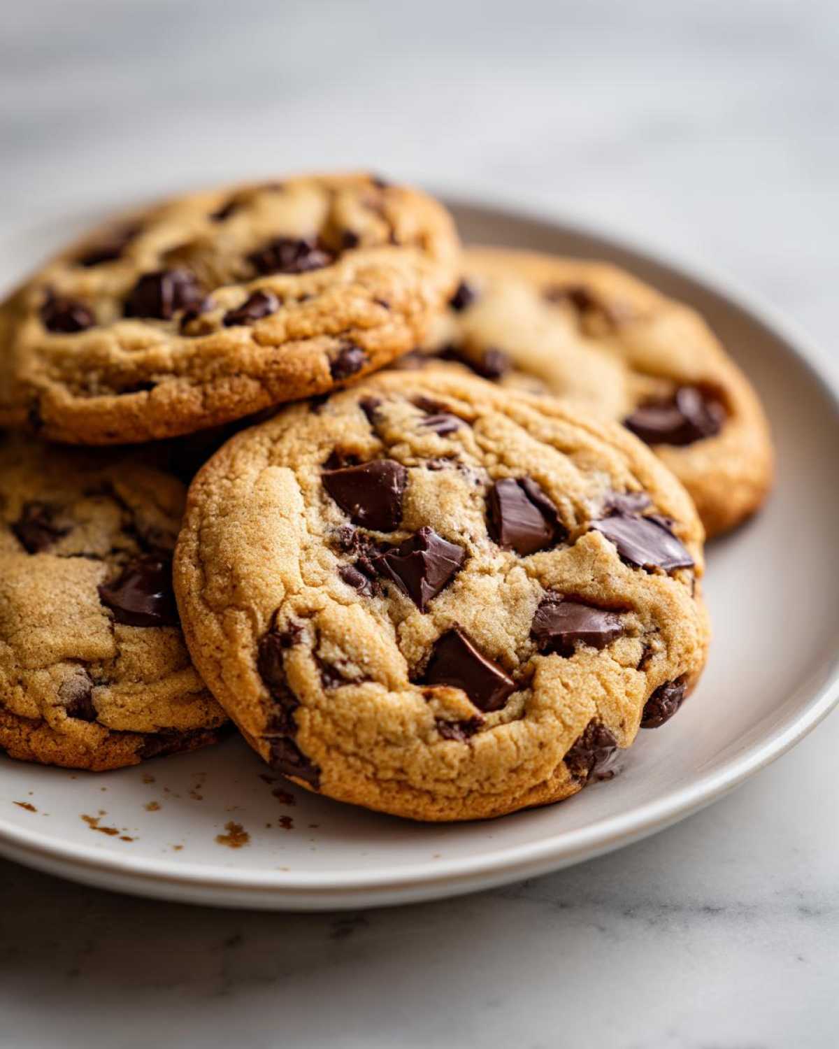 A close-up of several classic chocolate chip cookies piled on a white plate, loaded with chocolate chunks.
