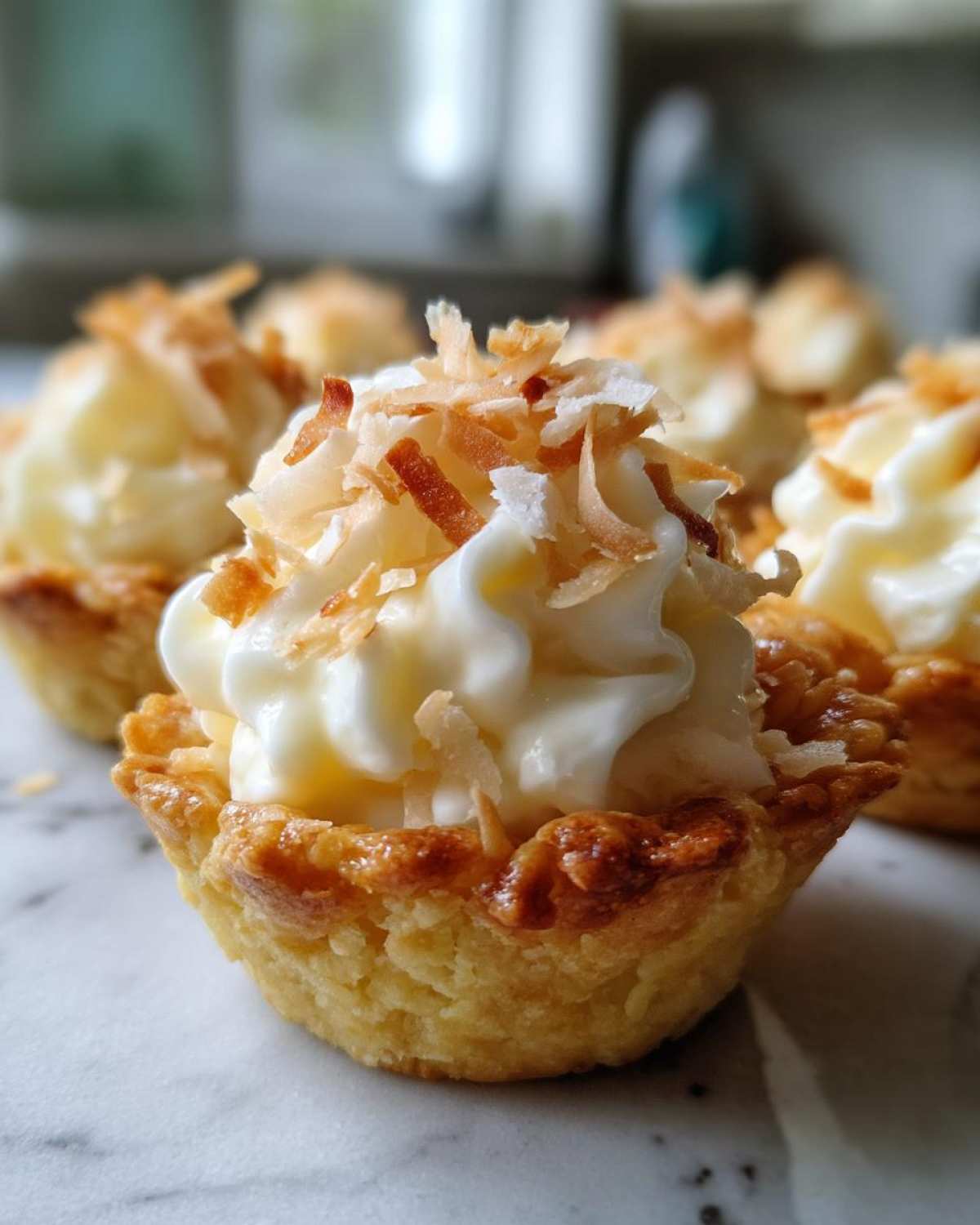 Close-up of a Coconut Cream Pie Cookie Cup topped with whipped cream and toasted coconut flakes.