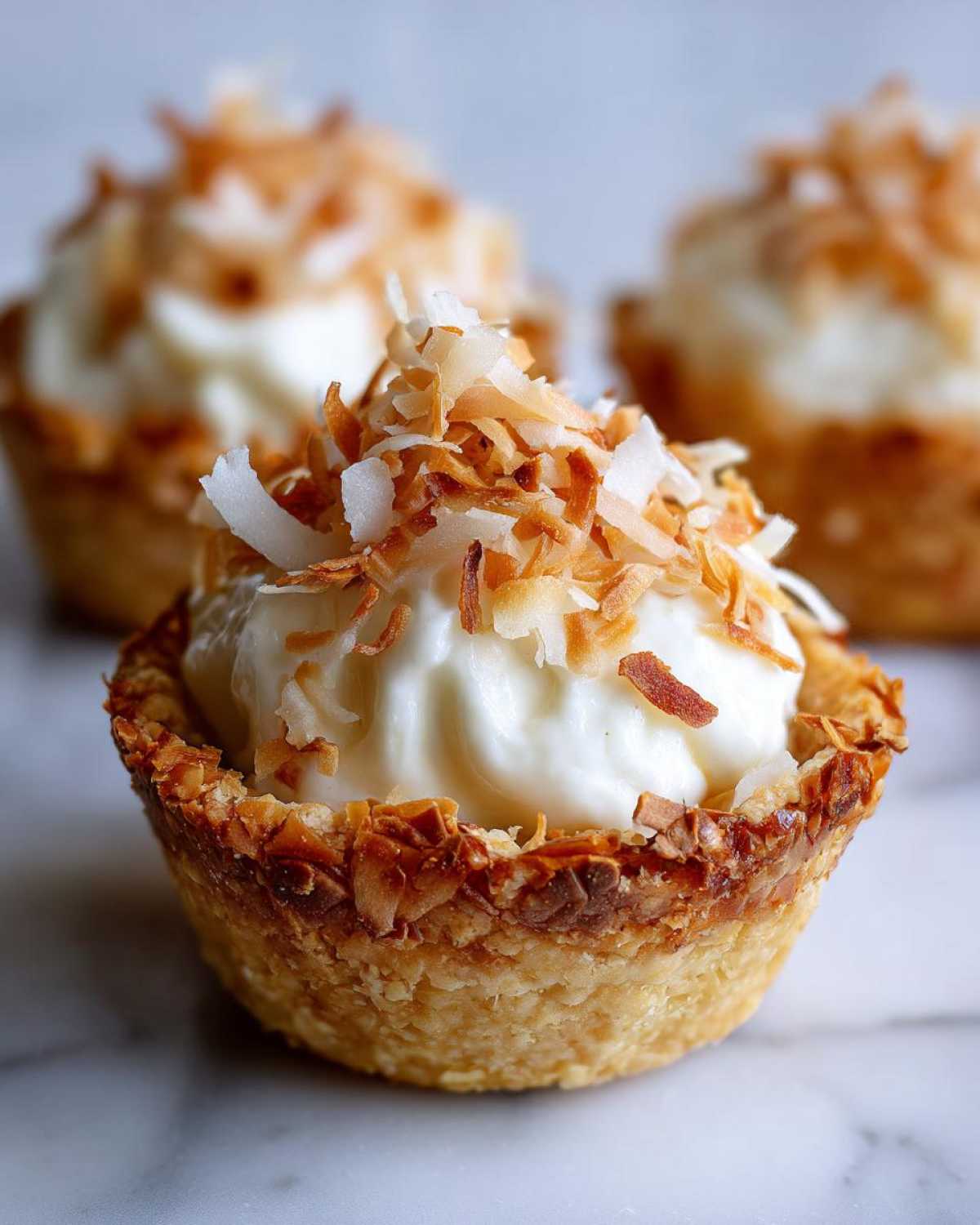 Close-up of a coconut cream pie cookie cup topped with whipped cream and toasted coconut flakes.