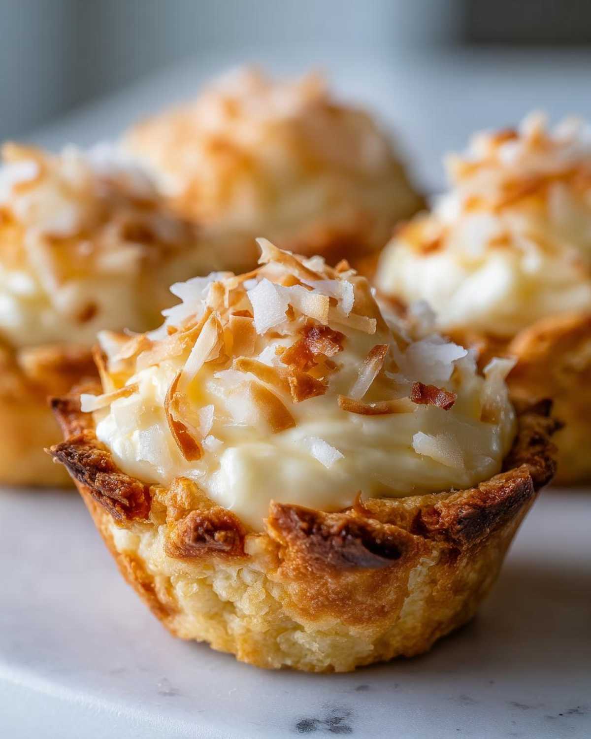 Close-up of a coconut cream pie cookie cup filled with creamy custard and topped with toasted coconut flakes.