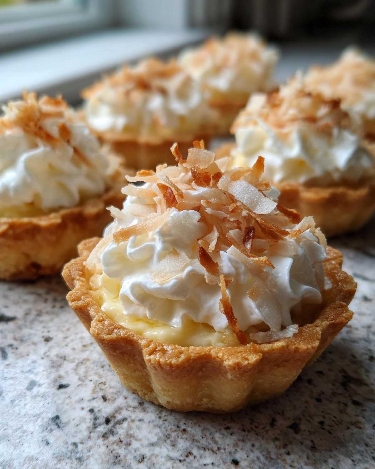 Close-up of a Coconut Cream Pie Cookie Cup topped with whipped cream and toasted coconut flakes.