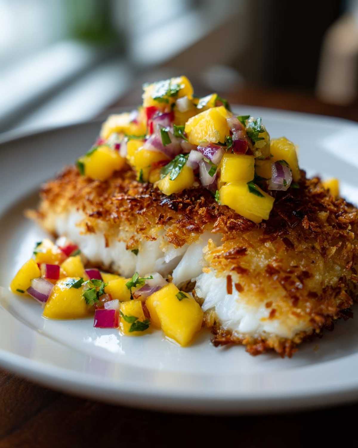 A golden, crispy coconut crusted fish fillet topped with fresh mango salsa.