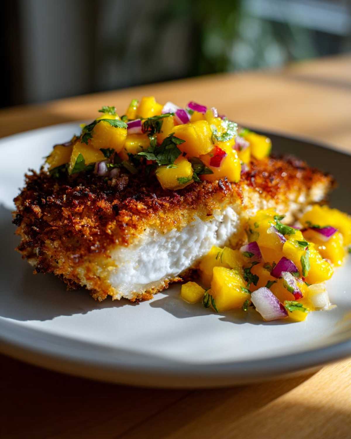 A piece of coconut crusted fish topped with fresh mango salsa, showcasing its golden crispy perfection.