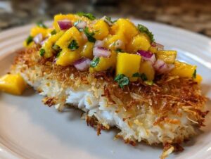 A piece of coconut crusted fish topped with fresh mango salsa and red onion.