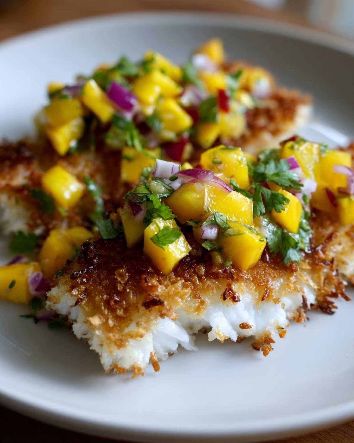 Close-up of two pieces of coconut crusted fish topped with fresh mango salsa, red onion, and cilantro.