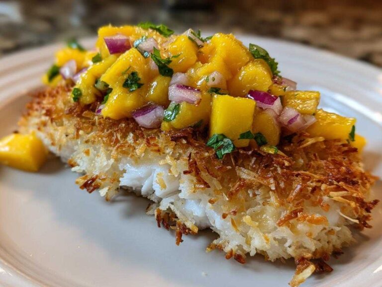 A piece of coconut crusted fish topped with fresh mango salsa and red onion.