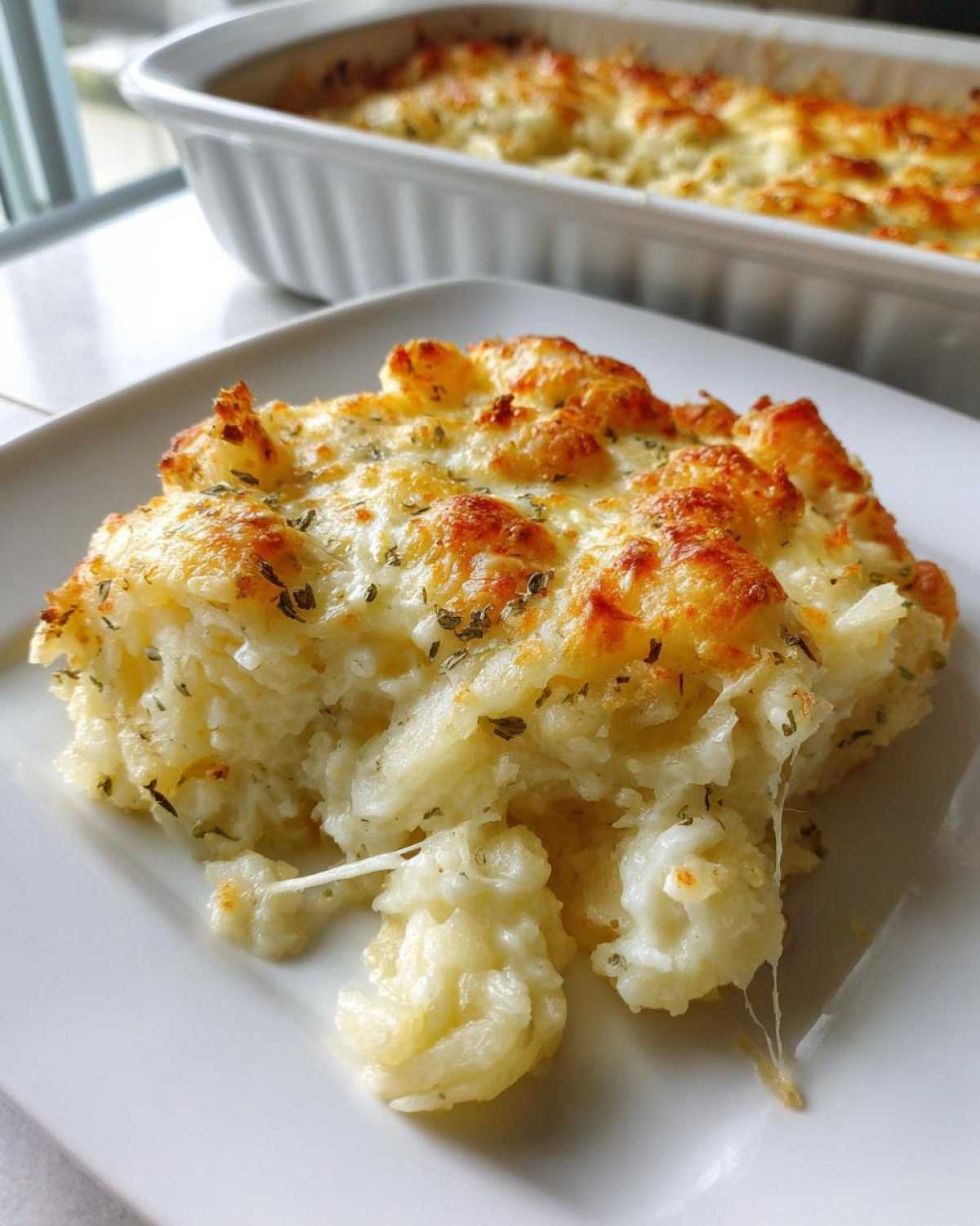 A close-up of a cheesy slice of Copycat Cracker Barrel Hashbrown Casserole, with melted cheese pulling away.