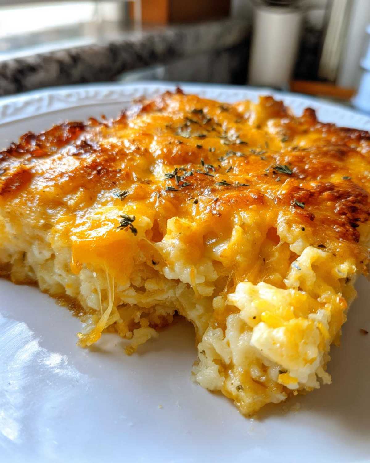 A close-up of a cheesy slice of Copycat Cracker Barrel hashbrown casserole, with melted cheddar cheese and herbs.