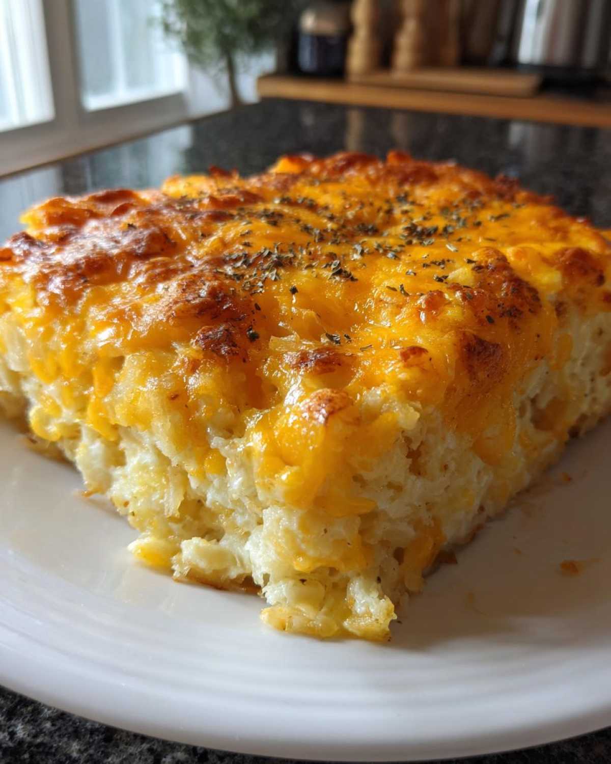 A close-up of a golden-brown slice of Copycat Cracker Barrel Hashbrown Casserole, topped with melted cheese and herbs.