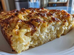 A close-up of a slice of Copycat Cracker Barrel hashbrown casserole, showing the cheesy, golden-brown top and fluffy interior.