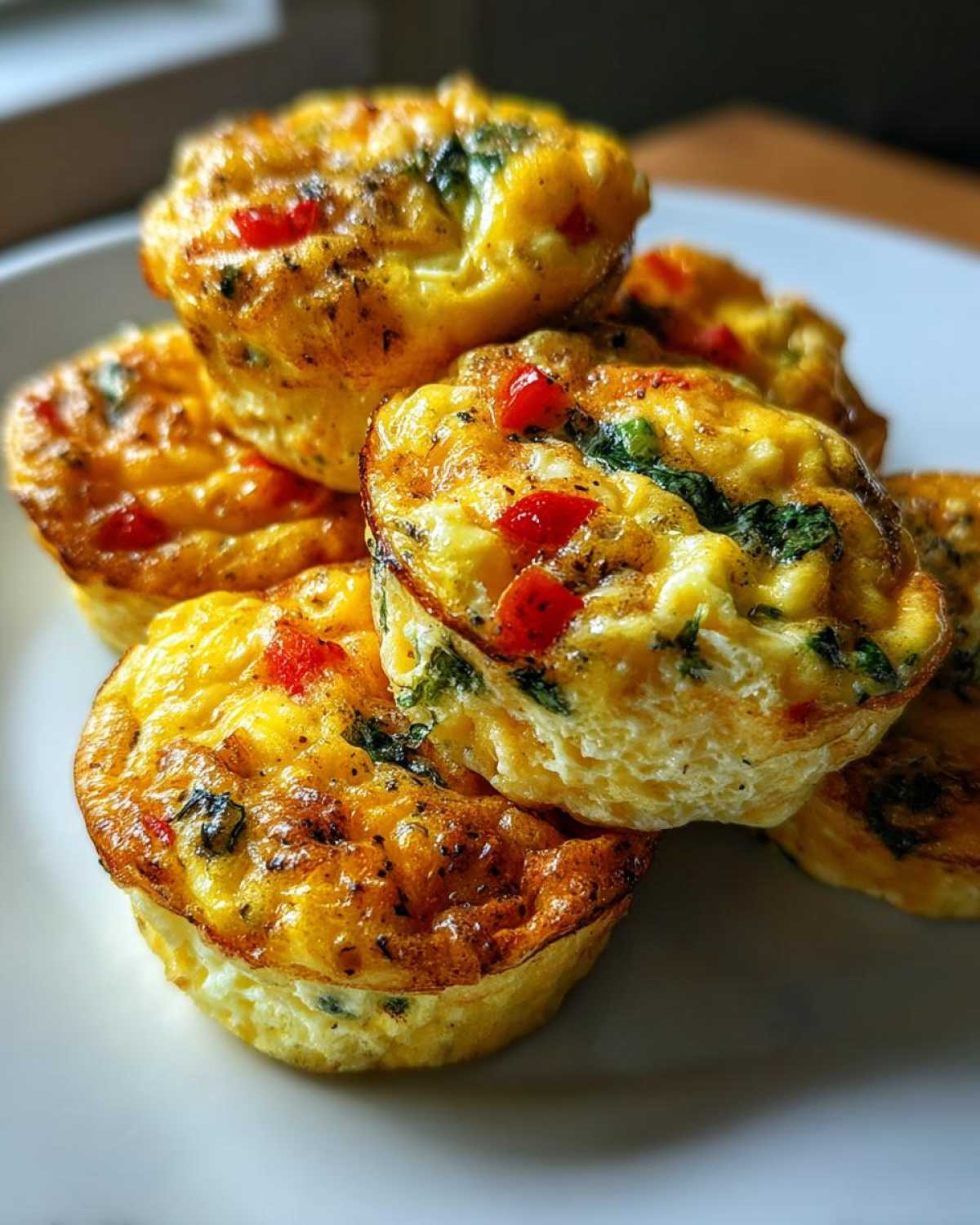 A stack of golden brown cottage cheese egg bites filled with red peppers and spinach.
