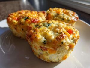 Three golden-brown cottage cheese egg bites with visible pieces of red pepper, orange bell pepper, and green spinach.