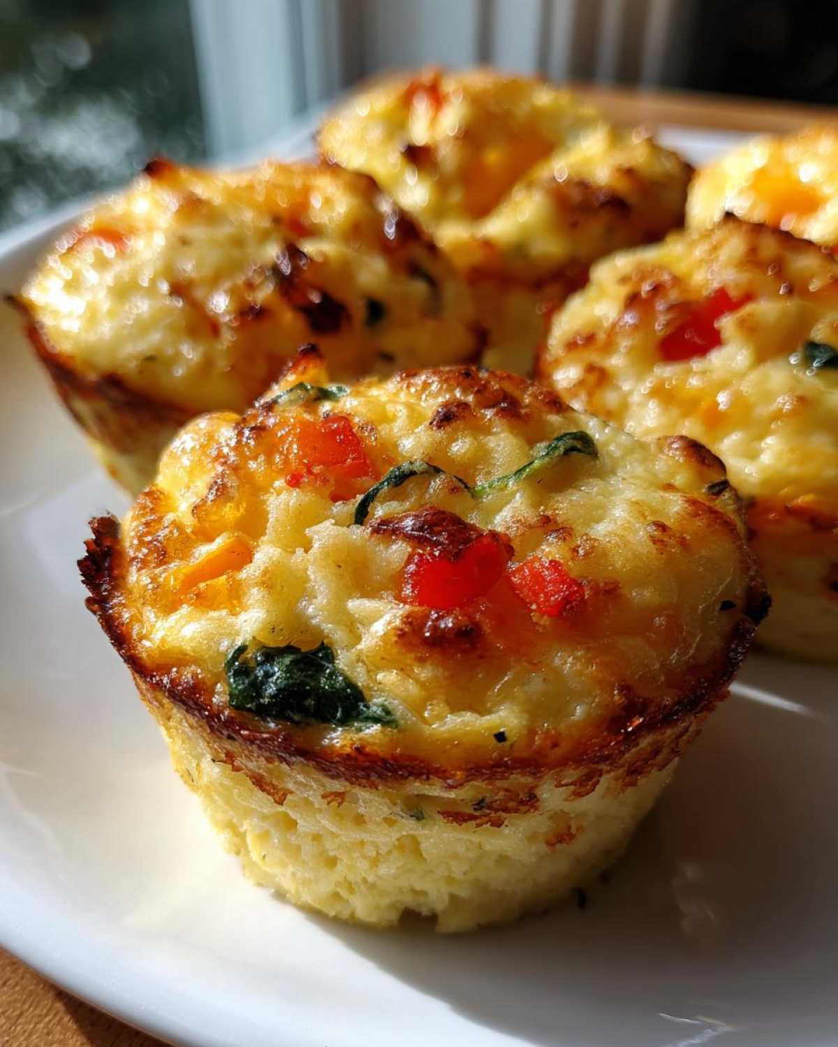 Close-up of golden brown cottage cheese egg bites with visible red bell pepper and spinach.