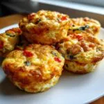 A close-up of fluffy cottage cheese egg bites with red bell peppers and spinach on a white plate.