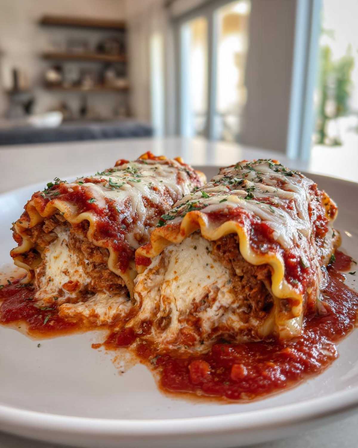 Two creamy cottage cheese lasagna roll ups topped with marinara sauce and melted cheese, sprinkled with parsley.