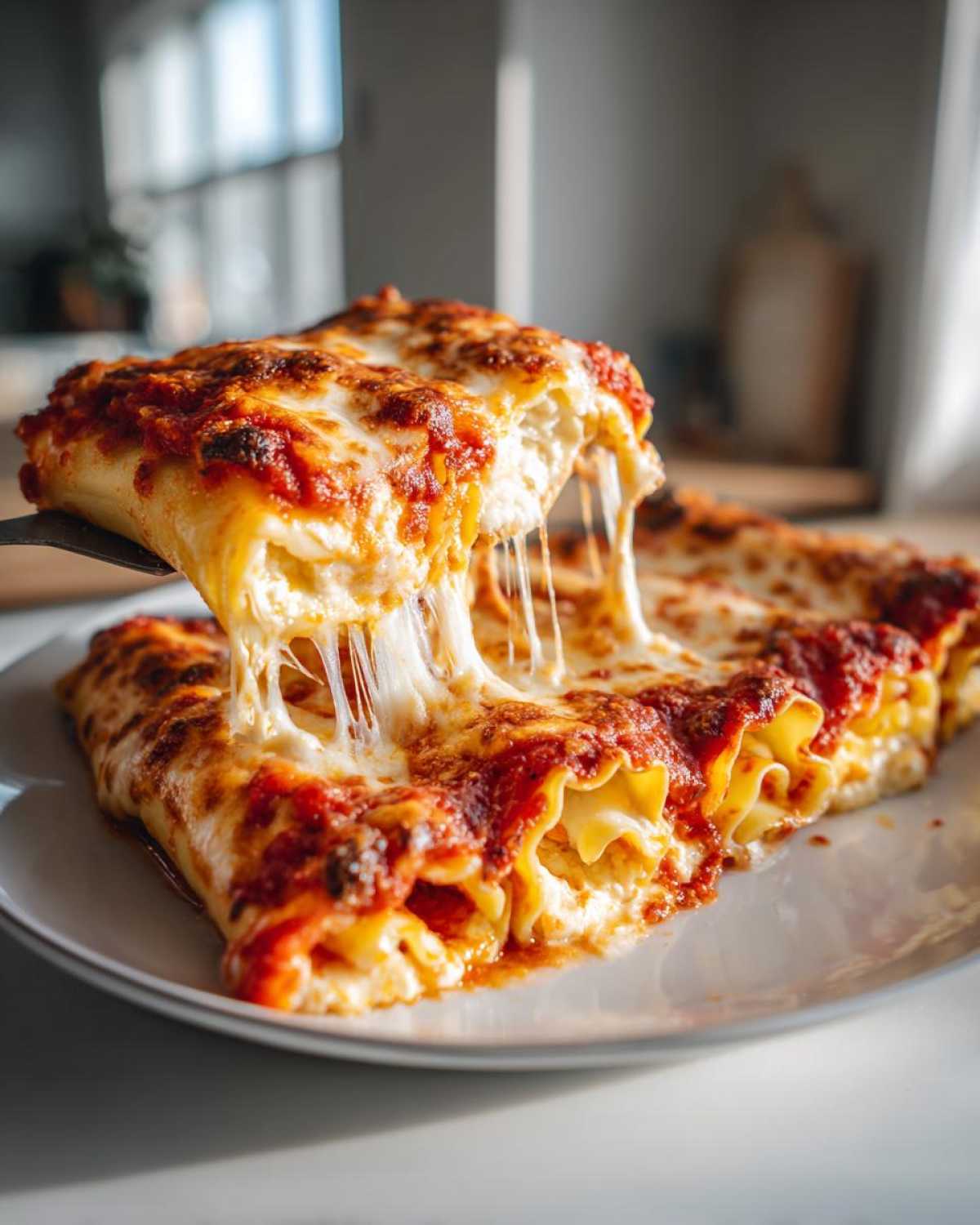 A serving of cottage cheese lasagna roll ups, with a slice being lifted, showing gooey melted cheese and rich tomato sauce.