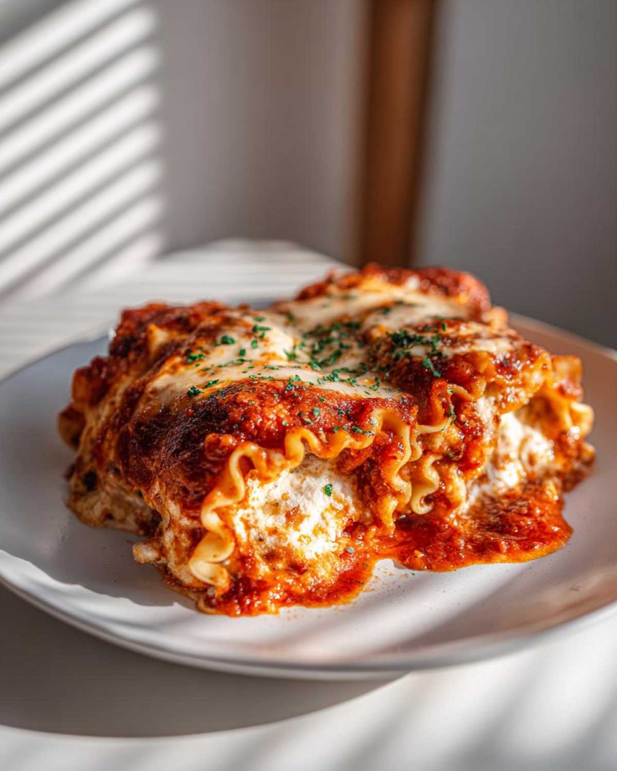 A close-up of creamy cottage cheese lasagna roll ups topped with marinara sauce and melted cheese, garnished with parsley.