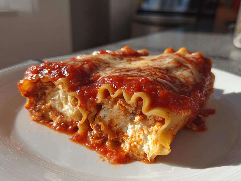A close-up of a single serving of cottage cheese lasagna roll ups, covered in marinara sauce and melted cheese.