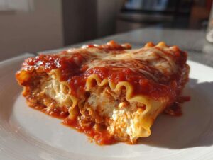 A close-up of a single serving of cottage cheese lasagna roll ups, covered in marinara sauce and melted cheese.