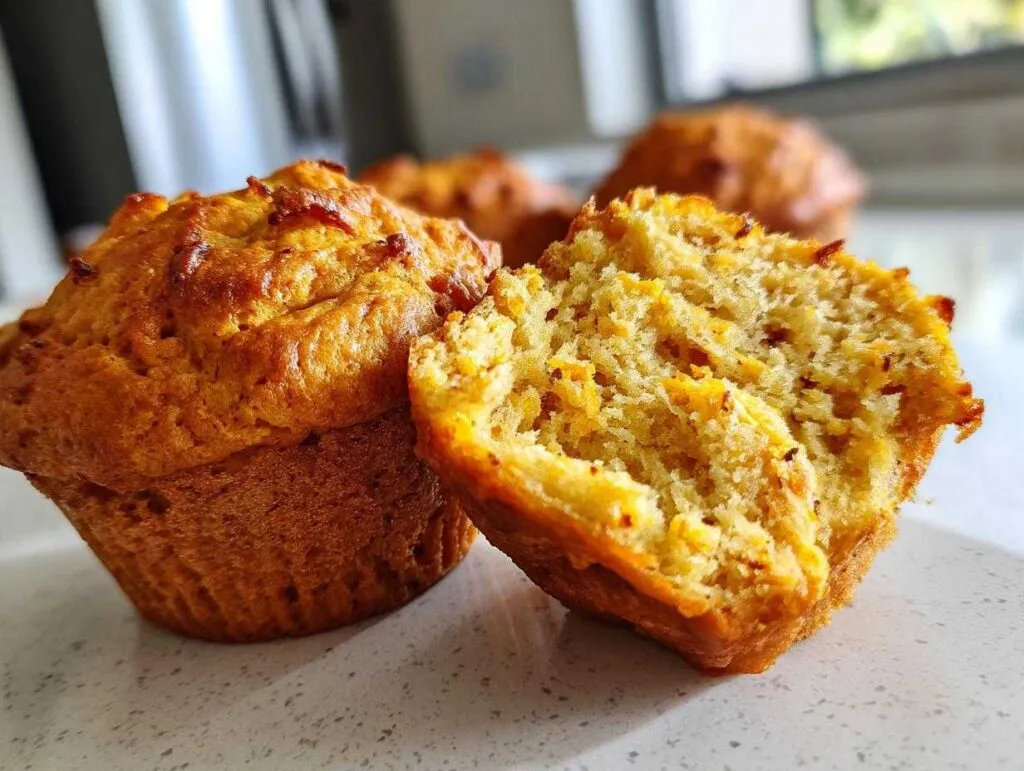 Close-up of a split cottage cheese pumpkin muffin, showing its moist interior and golden-brown crust.