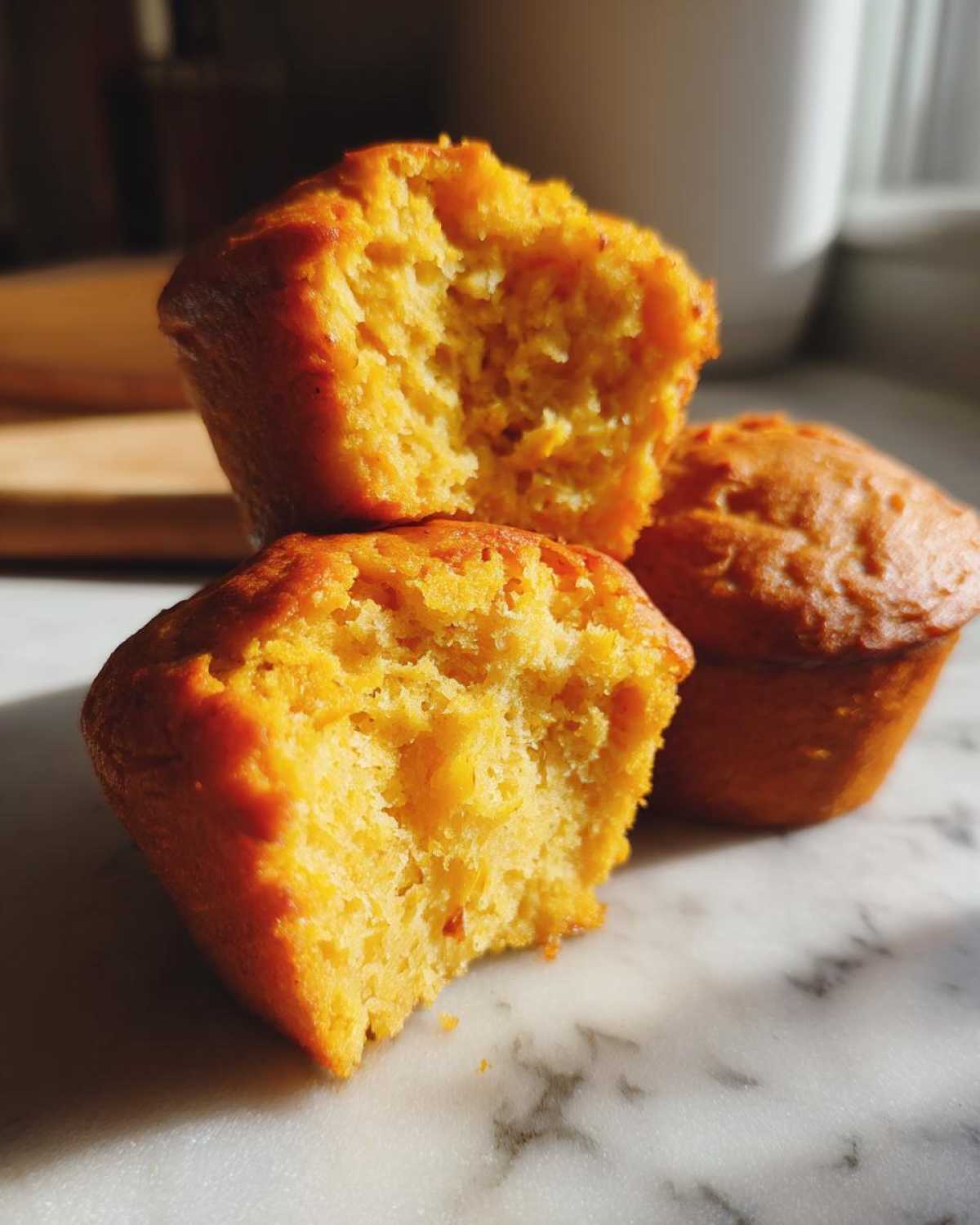 A close-up view of two cottage cheese pumpkin muffins, one broken in half to reveal its fluffy interior.