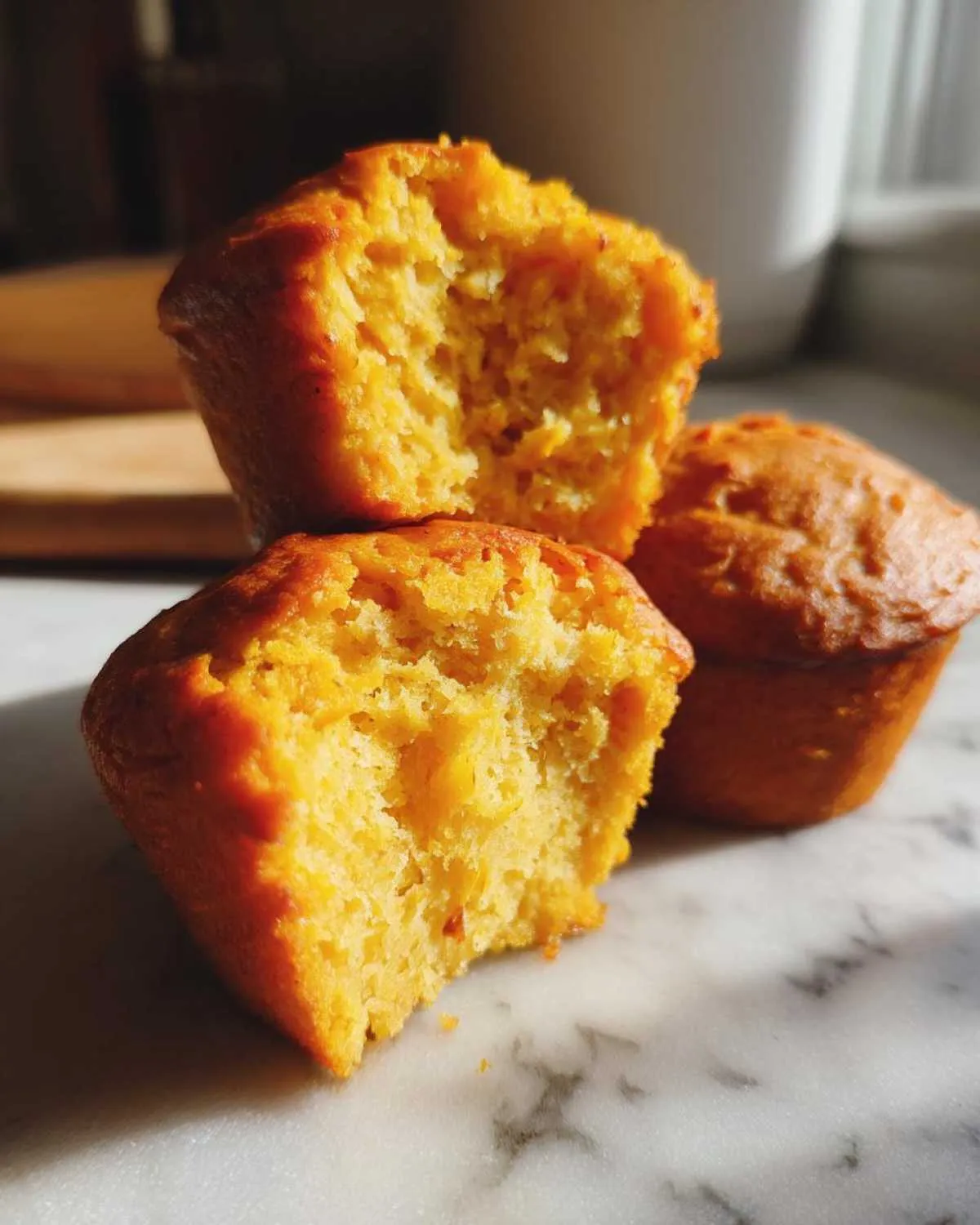 A close-up view of two cottage cheese pumpkin muffins, one broken in half to reveal its fluffy interior.