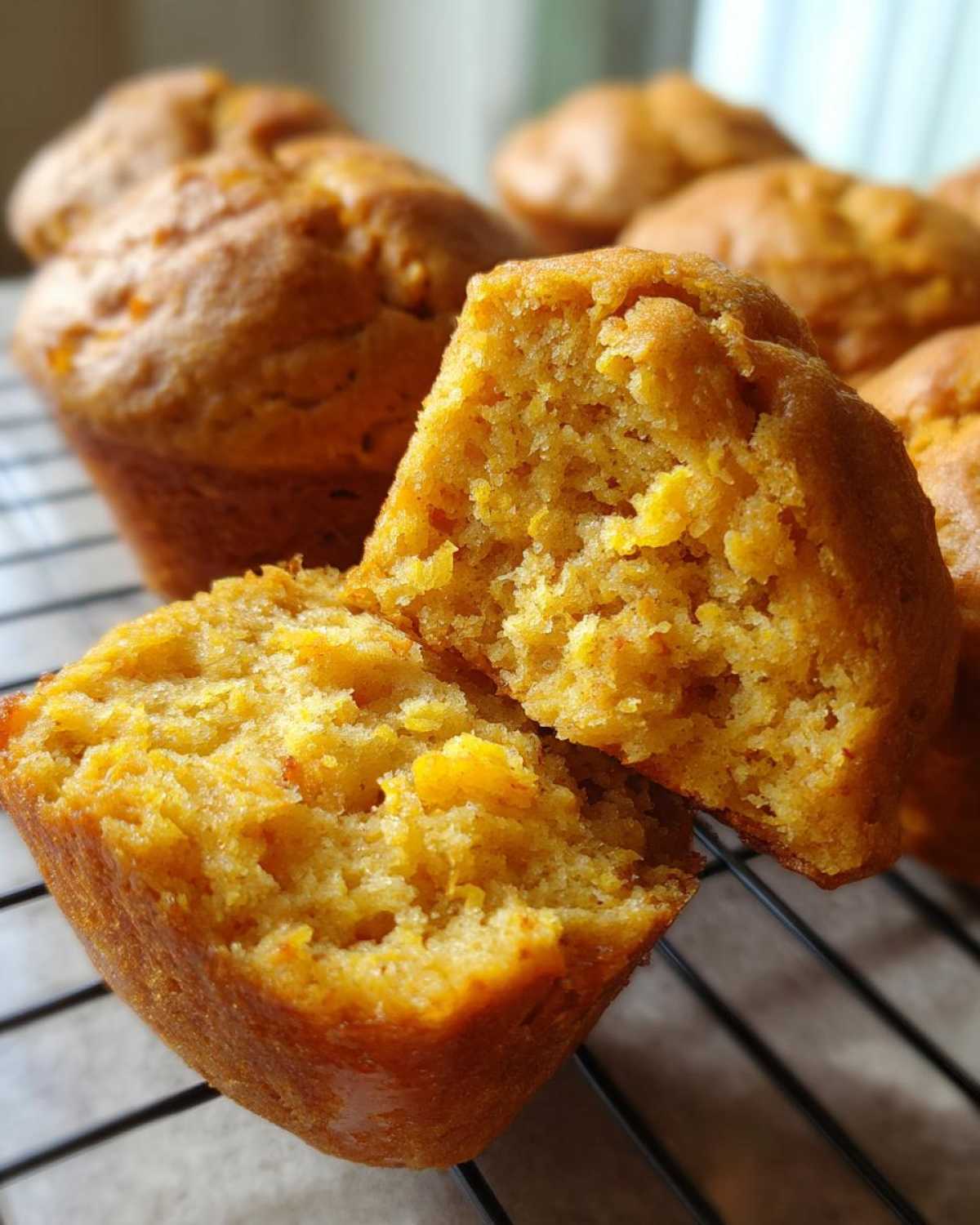 Close-up of a split cottage cheese pumpkin muffin on a cooling rack, revealing a moist interior.