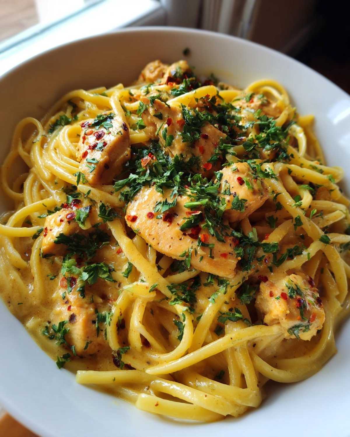 A close-up of cowboy butter chicken linguine, featuring tender chicken pieces coated in a creamy sauce with linguine pasta, garnished with fresh parsley and chili flakes.