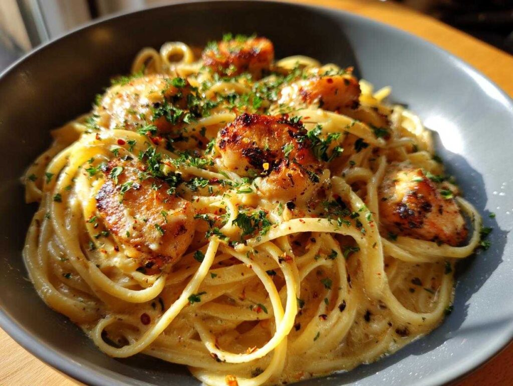 A close-up of creamy cowboy butter chicken linguine, garnished with parsley and red pepper flakes.