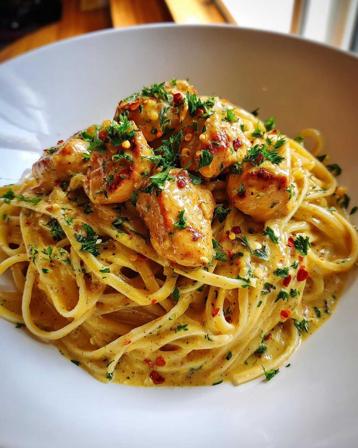 A close-up of cowboy butter chicken linguine, featuring tender chicken pieces in a creamy sauce over linguine pasta, garnished with parsley and chili flakes.