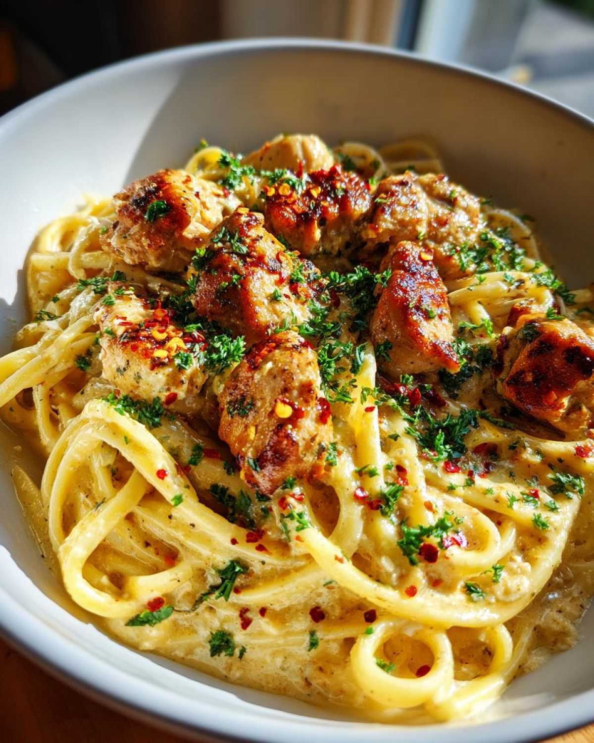 A close-up of cowboy butter chicken linguine with tender chicken pieces, creamy sauce, and garnished with parsley and chili flakes.