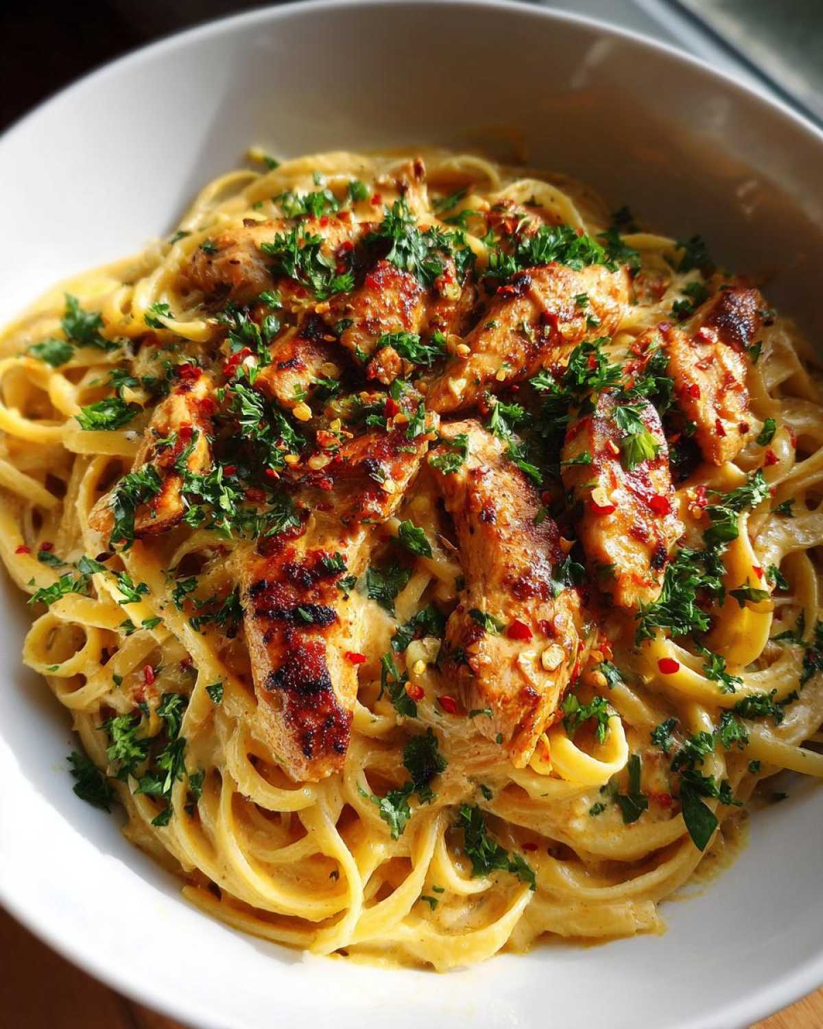 A close-up of cowboy butter chicken linguine, featuring tender chicken pieces and linguine pasta coated in a creamy sauce, garnished with parsley and chili flakes.