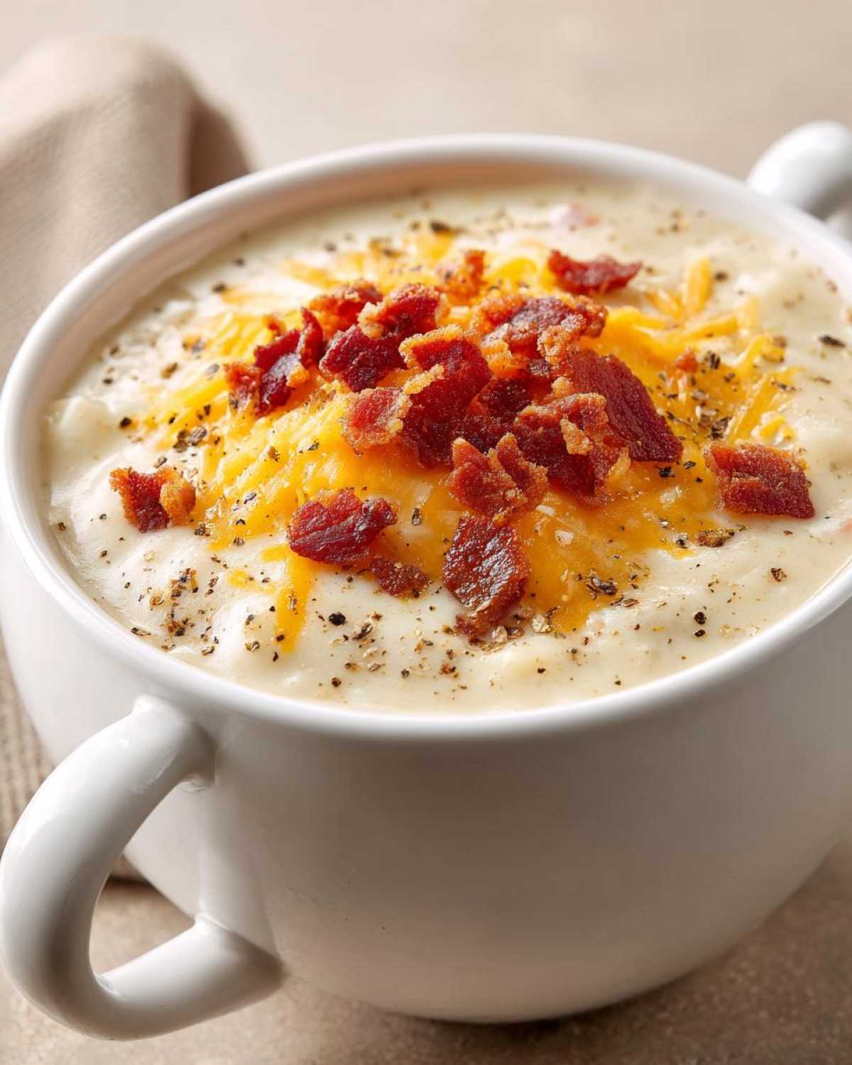 A close-up of a white bowl filled with creamy crack potato soup, topped with crumbled bacon and shredded cheddar cheese.