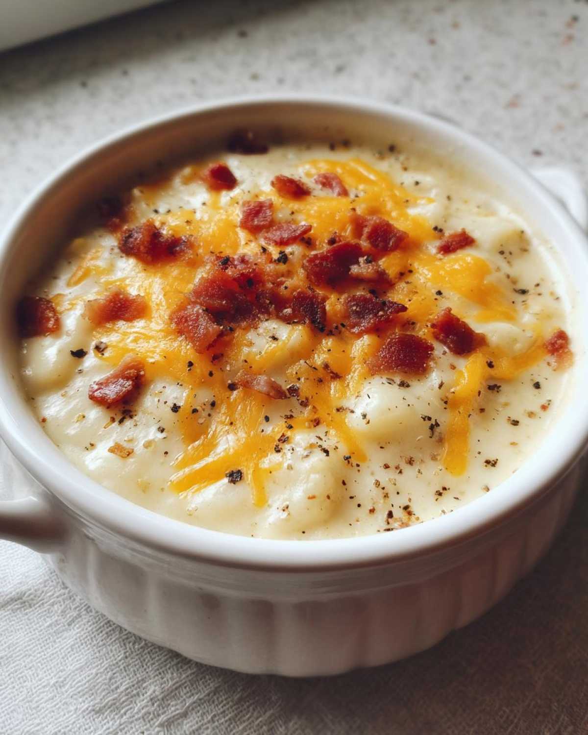 A close-up of a white bowl filled with creamy crack potato soup, topped with melted cheddar cheese and crumbled bacon.