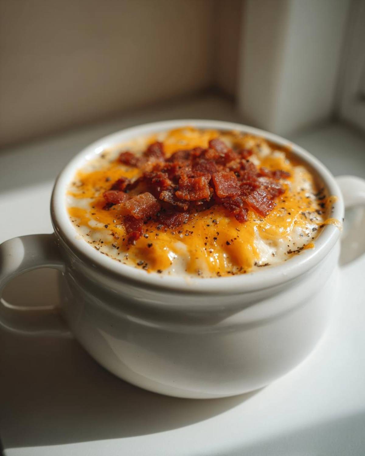 A close-up of a white bowl filled with creamy crack potato soup, topped with melted cheddar cheese and crispy bacon bits.
