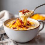 A spoonful of creamy crack potato soup being lifted from a bowl, topped with melted cheese and crispy bacon.