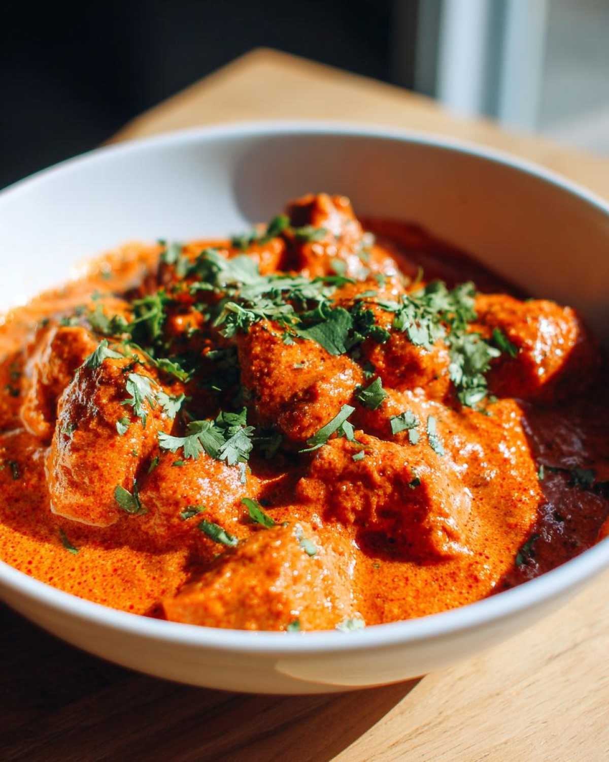 A close-up of creamy butter chicken in a white bowl, garnished with fresh cilantro.