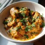 A close-up of creamy butter chicken in a white bowl, garnished with fresh cilantro.