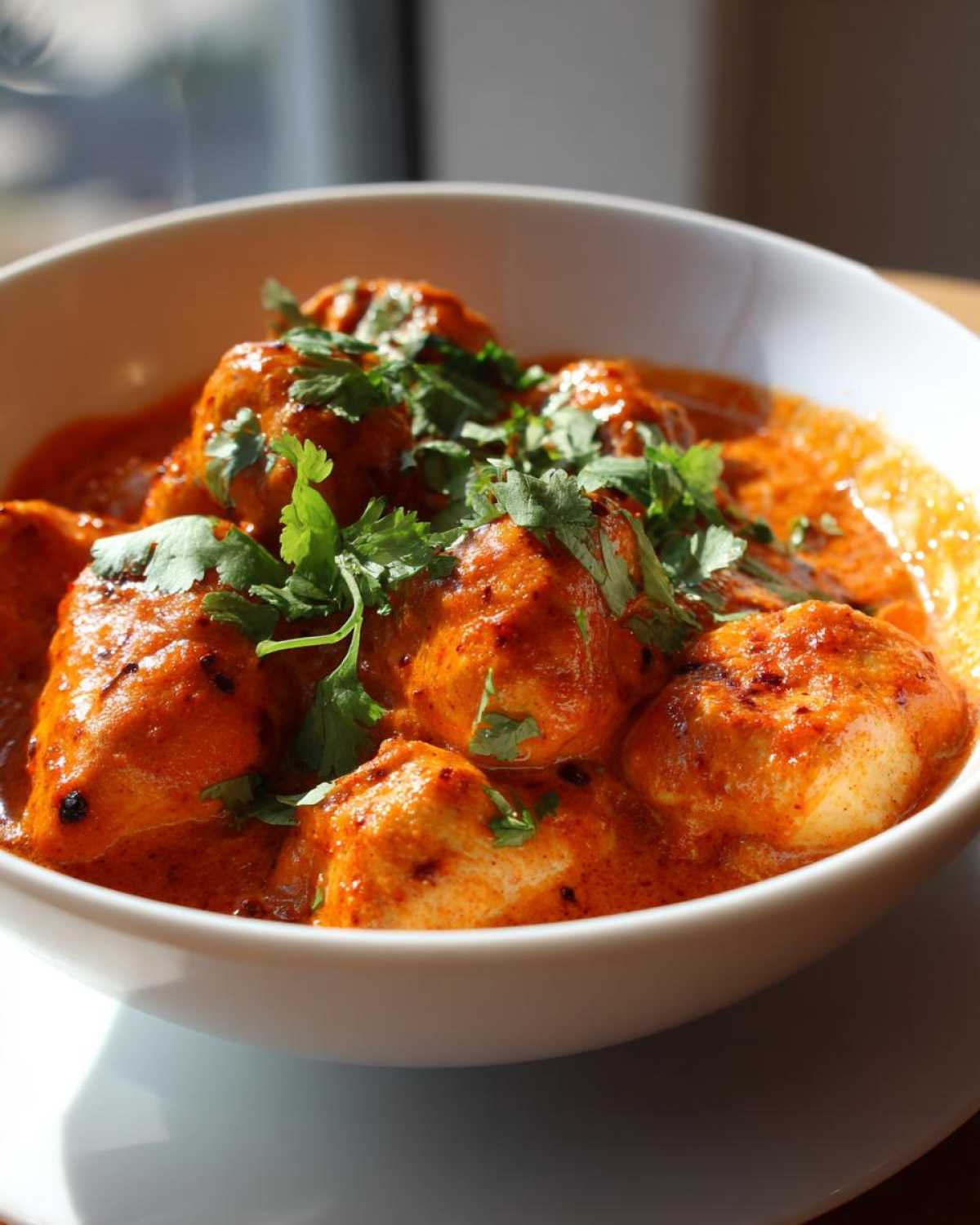 Close-up of tender chicken pieces in a rich, creamy butter chicken sauce, garnished with fresh cilantro.