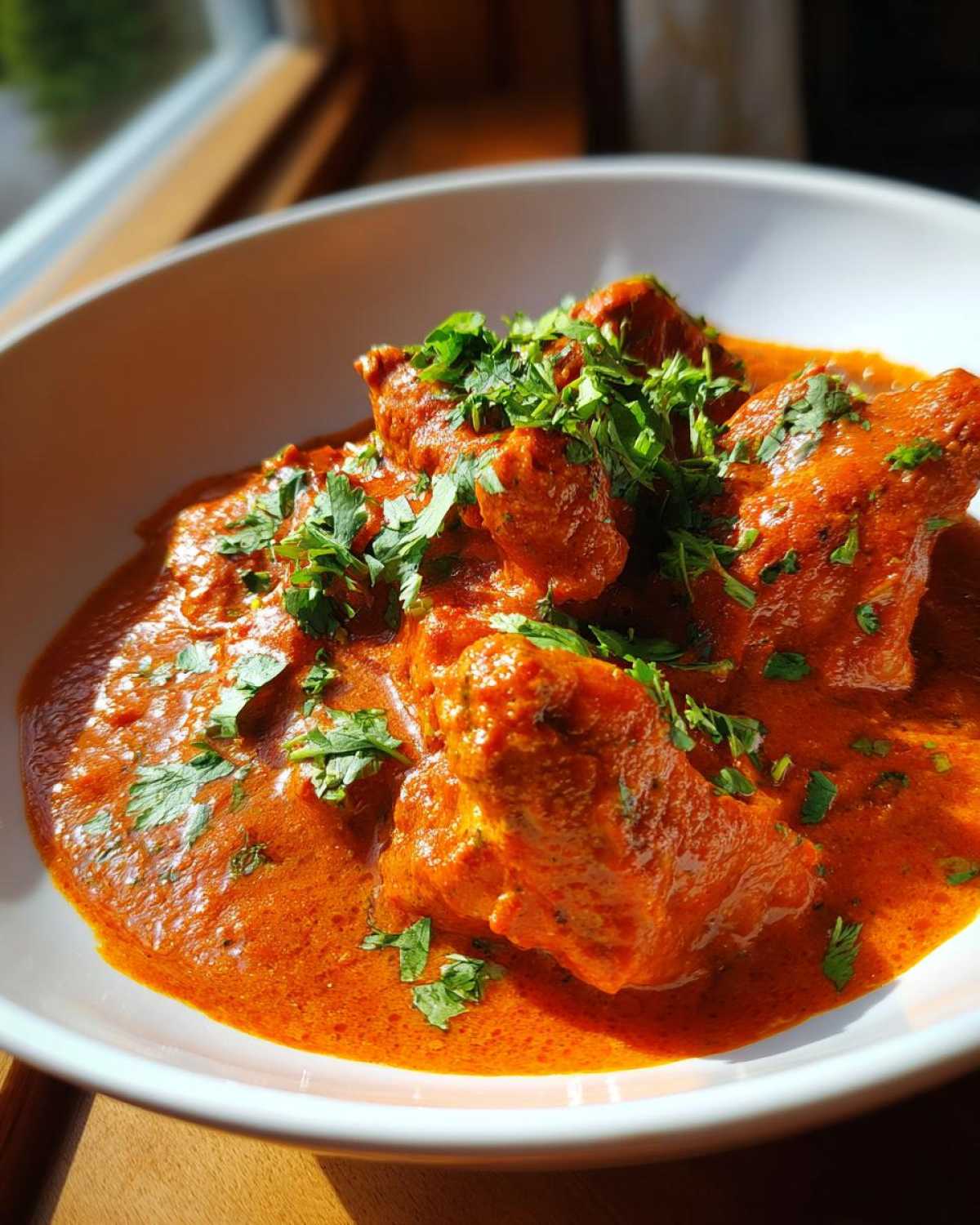 A close-up of creamy butter chicken in a white bowl, garnished with fresh cilantro.