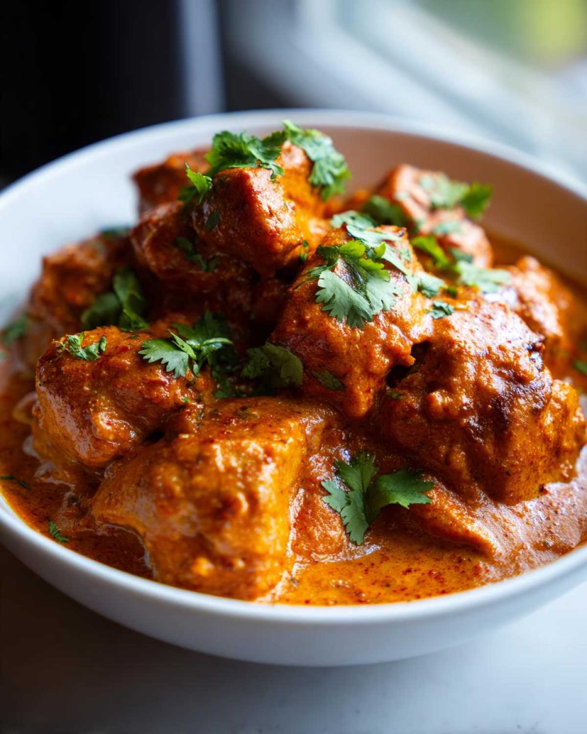 A close-up of a bowl filled with creamy butter chicken, garnished with fresh cilantro.