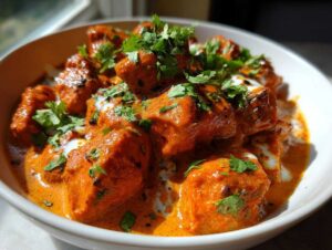 Close-up of creamy butter chicken in a white bowl, garnished with fresh cilantro.