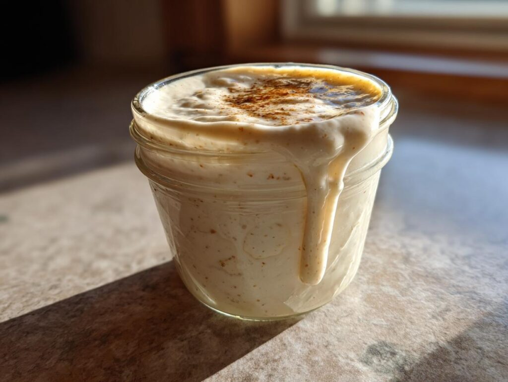 A glass jar filled with creamy Caesar salad dressing, with a drip running down the side and a sprinkle of pepper on top.