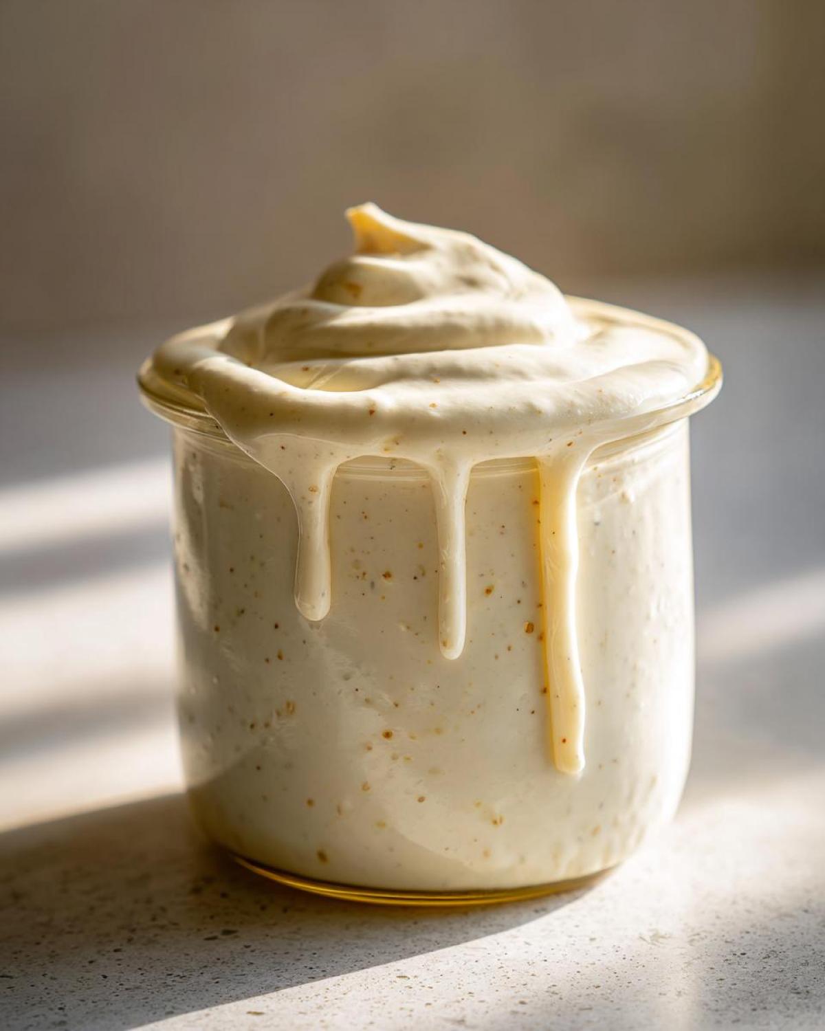 A close-up of creamy Caesar salad dressing overflowing from a glass jar, with drips running down the sides.